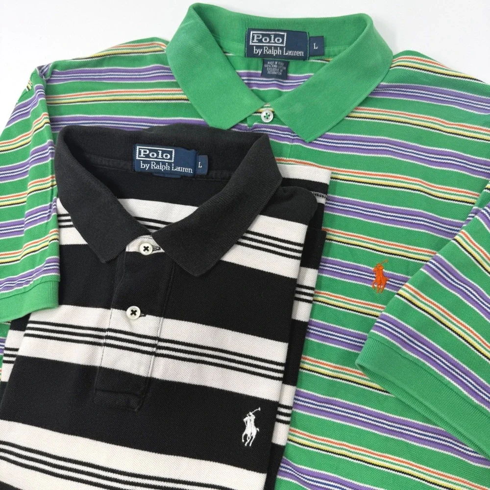 Polo Ralph Lauren Striped Polo Shirts Lot of 2 Mens Large Green Black Cotton